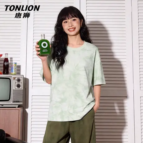 唐狮官方扎染短袖t恤女2026新款夏季美式半袖宽松大码胖mm上衣VC商品大图