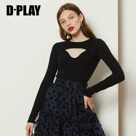 DPLAY德帕拉秋款黑色小心机镂空针织打底衫修身显瘦上衣商品大图
