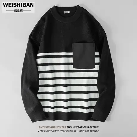 冬季2023新款男士条纹拼接圆领套头针织衫男美式休闲宽松线衣外套商品大图