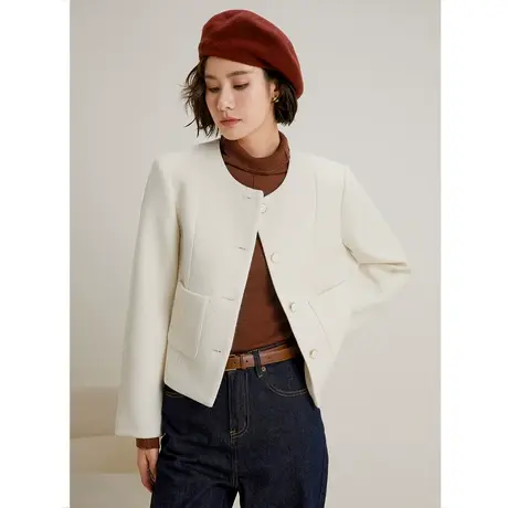 弥古小香风外套女2023新款秋冬小个子口袋毛呢大衣高级感短款上衣图片