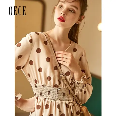 【买1送1】Oece秋装女装复古甜美法式V领修身高腰长袖波点连衣裙图片