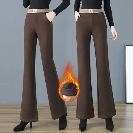 撞色毛呢微喇叭裤子女韩版2023秋冬高腰显瘦长裤休闲加绒微喇裤图片