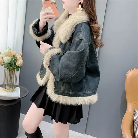 短款拼接毛毛牛仔外套女加厚派克服秋冬2023年新款高级感炸街上衣商品大图