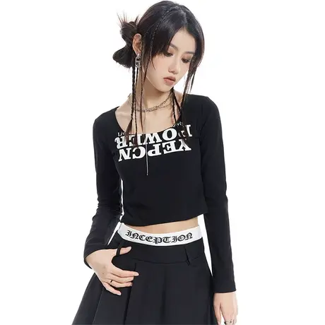 YEP春秋2023年新款修身长袖字母印花黑色t恤女短款漏腰打底衫上衣商品大图