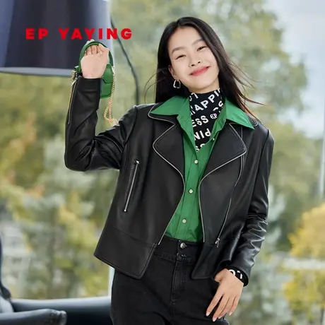 EP YAYING雅莹女装 绵羊皮收腰短款机车皮衣 商场同款P103A图片