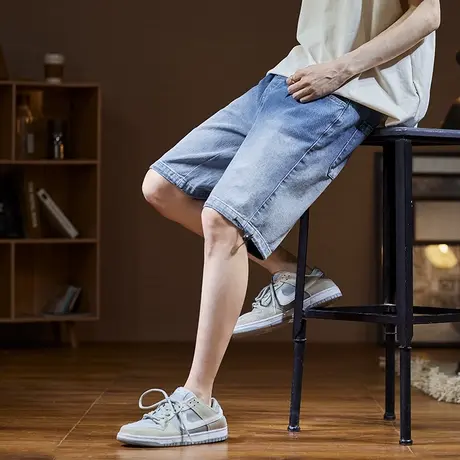 唐狮浅色渐变牛仔短裤春夏男新款宽松潮牌薄款直筒五分裤子图片