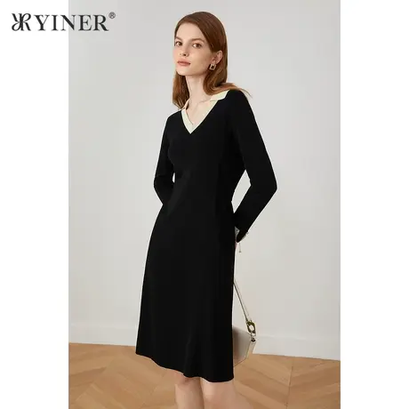 *YINER音儿奥莱女装秋季V领收腰中长款连衣裙图片
