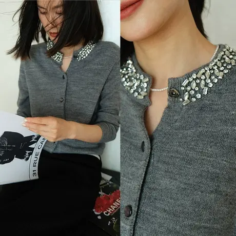 2023秋冬新款女装女士法式重工亮钻领圈短款显瘦外套羊毛针织开衫商品大图