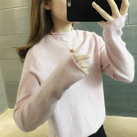 毛衣女2023春季新款纯色卷边领长袖针织衫女士百搭打底衫内搭上衣商品大图