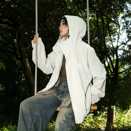 YEP反光户外连帽女外套2023新款春秋情侣爬山宽松复古夹克商品大图