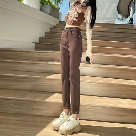 咖啡色直筒牛仔裤女高腰2024新款春秋季九分宽松显瘦小个子烟管裤商品大图