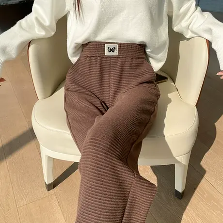 咖色针织窄版阔腿裤女冬季新款高腰显瘦宽松垂感加厚直筒拖地裤子商品大图