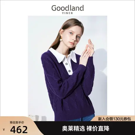 音儿美地女装2023春季新款撞色衬衫领100%纯羊毛针织衫套头商品大图