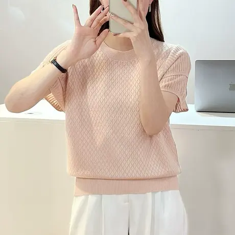 T恤女2023夏季新款韩版宽松圆领短袖针织衫毛衣打底镂空纯色打底商品大图