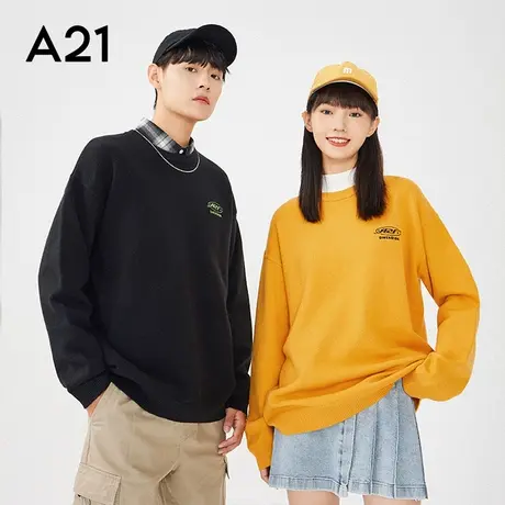 A21男装宽松圆领落肩毛衣 21秋冬新款针织衫黑色情侣线衫商品大图