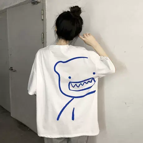 大码胖mm短袖T恤女夏季慵懒风bf趣味卡通涂鸦宽松遮肚子上衣200斤图片