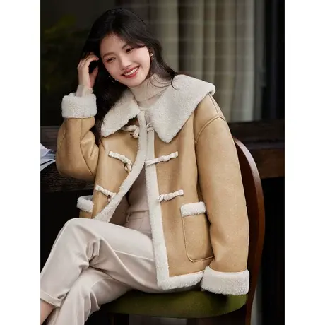 时尚休闲外套2023年冬季新款翻领加绒百搭宽松短款温柔牛角扣皮草图片