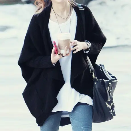 2023年春秋新款针织开衫女中长款毛衣蝙蝠宽松斗篷外套韩版春季厚图片