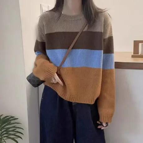 韩版圆领拼色卡通宽松2023秋冬季新款长袖针织衫套头毛衣上衣女潮图片