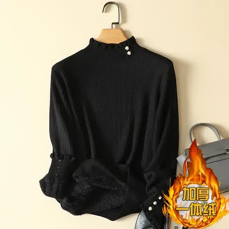 一体绒半高领毛衣女2023年新款加绒加厚打底衫女秋冬内搭针织上衣商品大图