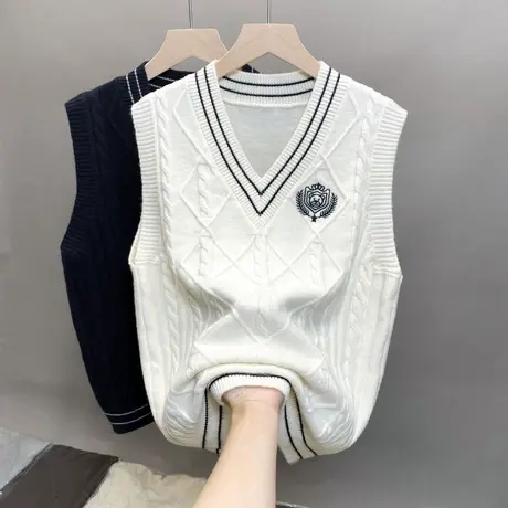2023新款春秋叠穿学院风针织马甲V领条纹套头背心上衣女无袖毛衣商品大图