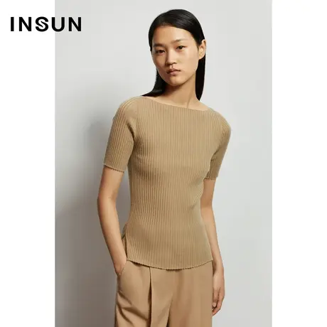 INSUN恩裳秋季羊毛衫浅色调修身短袖针织衫商品大图