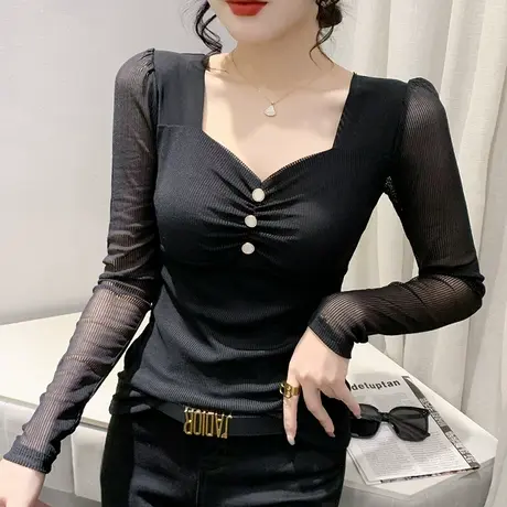 女装2024新款性感V领T恤长袖洋气百搭网纱打底衫别致紧身上衣春秋商品大图