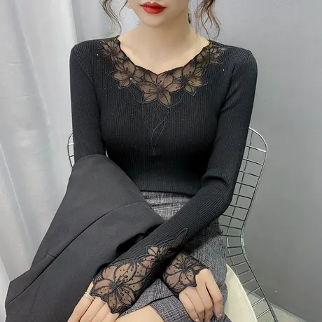 针织衫秋冬新款女蕾丝上衣女修身长袖内搭打底衫洋气性感薄款毛衣图片