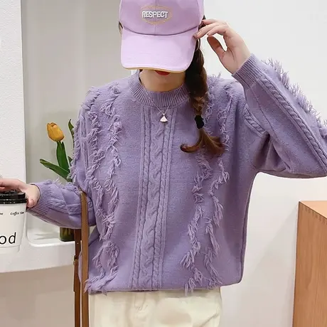 圆领流苏设计感针织衫上衣女2023秋冬新款小个子宽松打底衫毛衣女商品大图