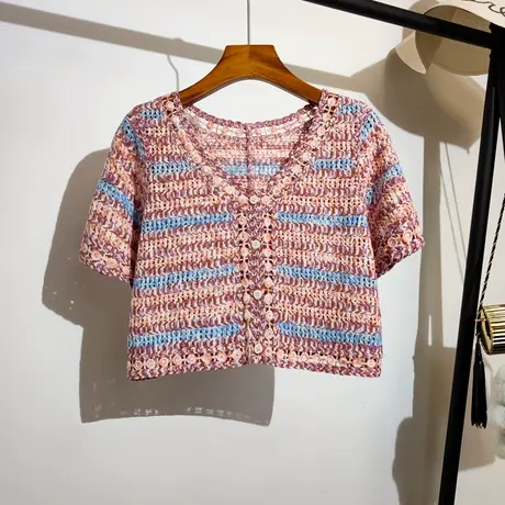 勾花镂空短袖针织开衫女夏外穿新款条纹混色短款t恤上衣甜美小衫商品大图