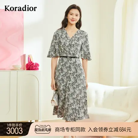 珂莱蒂尔商场同款印花连衣裙女收腰v领中长裙淑女图片