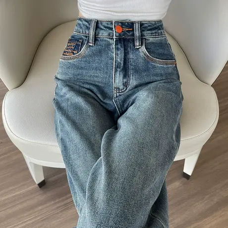 港风复古阔腿牛仔裤女2023年春秋新款撞色直筒显瘦高腰垂感拖地裤图片