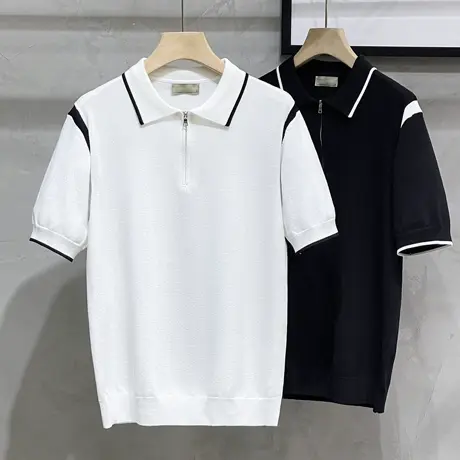 2023夏季有领T恤半袖男士百搭 轻熟针织衫撞色polo衫拉链翻领短袖商品大图