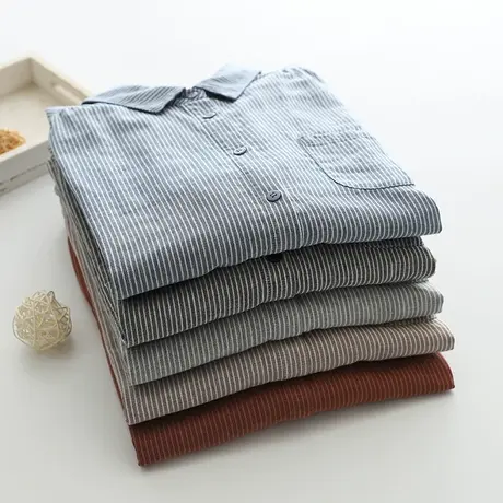 简约条纹双层棉纱长袖衬衫女宽松春秋装百搭文艺纯棉柔软女士衬衣商品大图