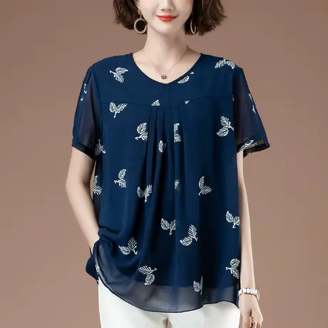 雪纺衫女短袖夏季新款加肥加大码女装宽松胖妈妈百搭洋气显瘦上衣图片