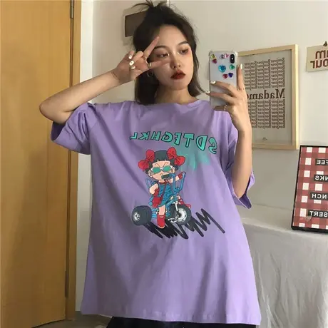 网红短袖t恤女2020韩版宽松学生原宿bf慵懒风ins超火紫色上衣服潮图片