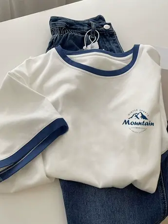 仿棉短袖t恤女夏季复古港味chic甜辣风小众设计感正肩撞色上衣服商品大图