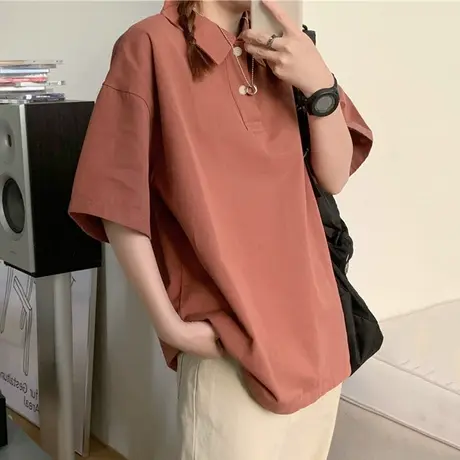 日系简约纯棉Polo衫短袖T恤女夏季新款学生宽松百搭设计感上衣服商品大图