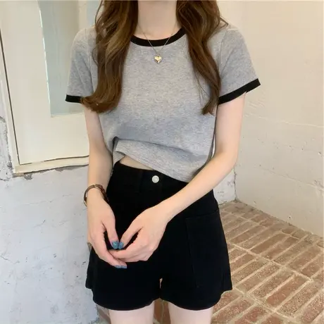 短袖正肩T恤女装夏季设计感小众紧身短款甜辣妹纯欲bm风上衣ins潮商品大图