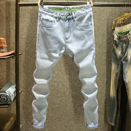 2024夏季浅蓝色印花刺绣牛仔裤男修身小脚裤潮流时尚百搭休闲长裤商品大图