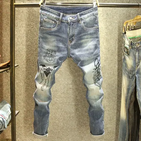 时尚刺绣牛仔裤男款修身小脚弹力裤子男秋冬款潮牌痞帅百搭长裤厚商品大图