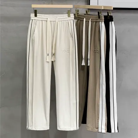 春秋季潮流条纹九分裤子男美式宽松直筒长裤休闲运动卫裤商品大图