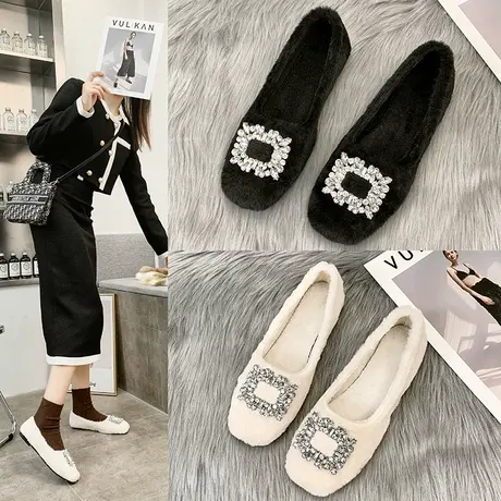 毛毛鞋女冬外穿2023新款加绒女鞋气质百搭豆豆鞋棉瓢鞋子浅口单鞋商品大图