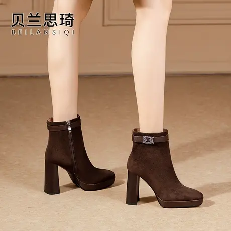 磨砂真皮方头厚底粗跟短靴女2023秋冬季新款加绒防水台高跟时装靴图片