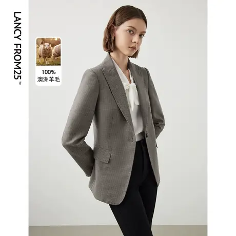 朗姿法式纯羊毛复古格子修身气质上衣西装外套女2024年春季新款图片