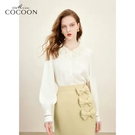 missCOCOON法式蕾丝花边荷叶领衬衫上衣女2023秋冬新款泡泡袖衬衣图片
