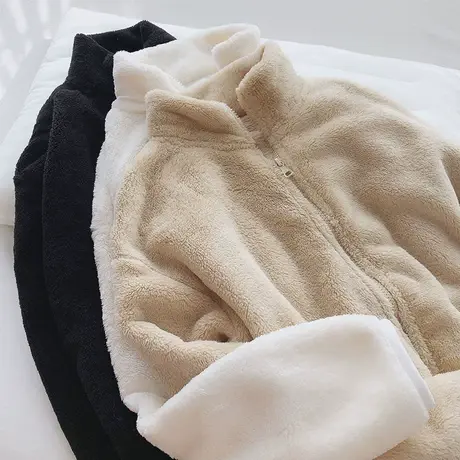 巨柔软！温柔加绒加厚珊瑚绒高领拉链卫衣开衫女遛弯保暖绒衫外套商品大图