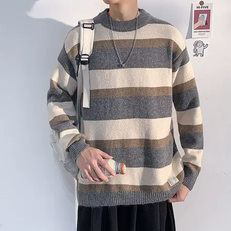 唐狮条纹圆领毛衣男装秋冬新款青少年针织衫毛衫衣服潮流慵懒风图片