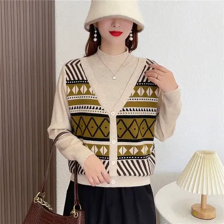 法式复古风提花半高领假两件毛衣女装冬季新款叠穿软糯针织衫上衣图片