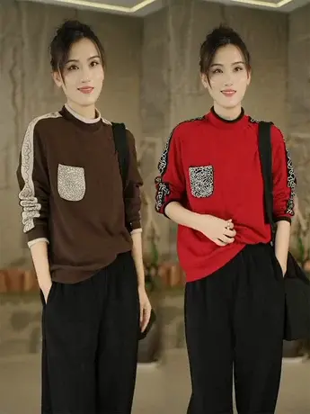 2023秋冬双面绒保暖打底衫时尚假两件显瘦弹力小衫德衫女打底绒衫商品大图